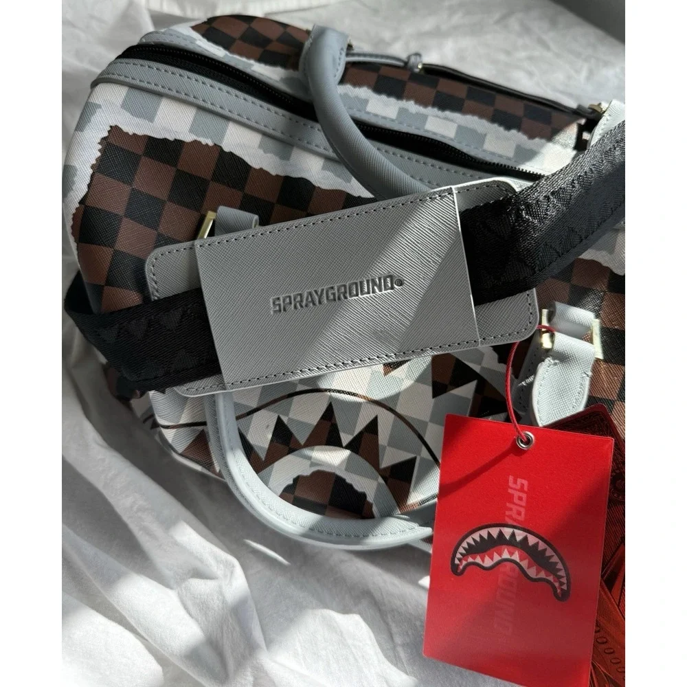 Sprayground Shark Legacy Mini Duffle Bag Brown Checkered Limited Edition NWT